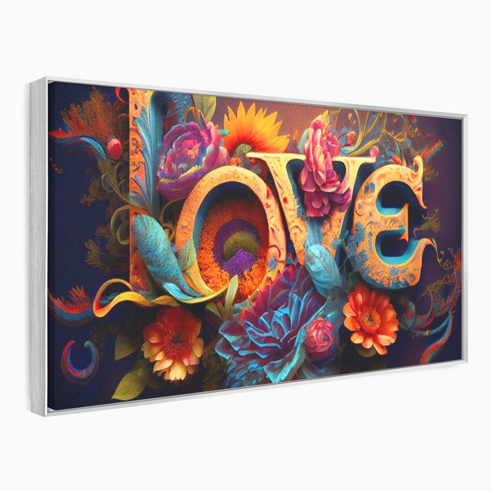 Tablou canvas cu tablou canvas cu litere florale stilizate, in rama de aluminiu argintiu